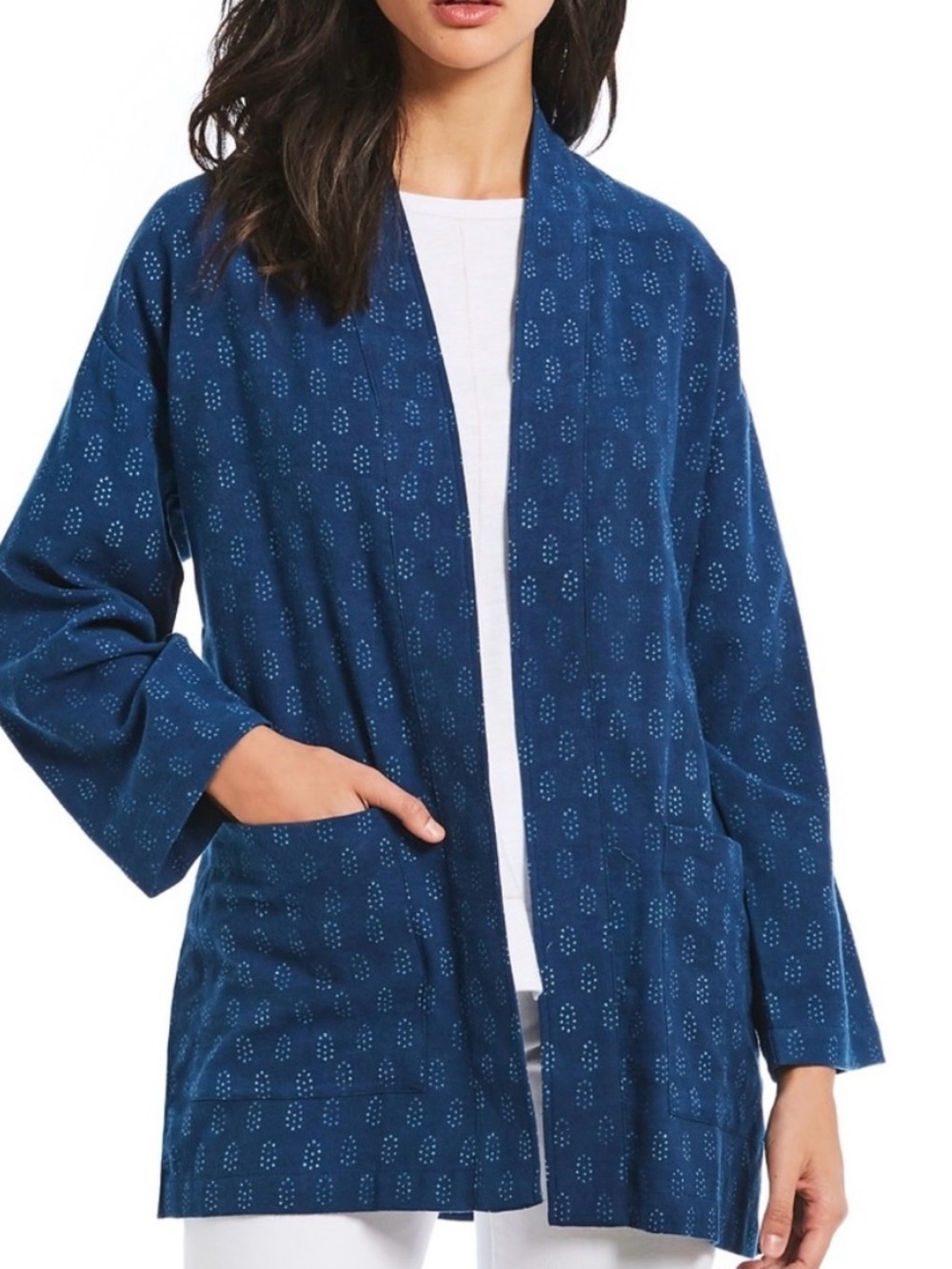 Eileen Fisher Long Kimono Jacket 100% Organic Cotton In Denim Womens Sz Xs